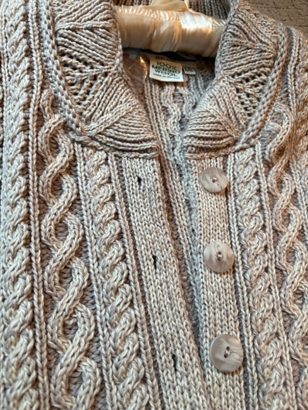 Aran Crafts 100% Merino Wool Hand-Knit Cream Cable Long Cardigan Sweater - Picture 2 of 8